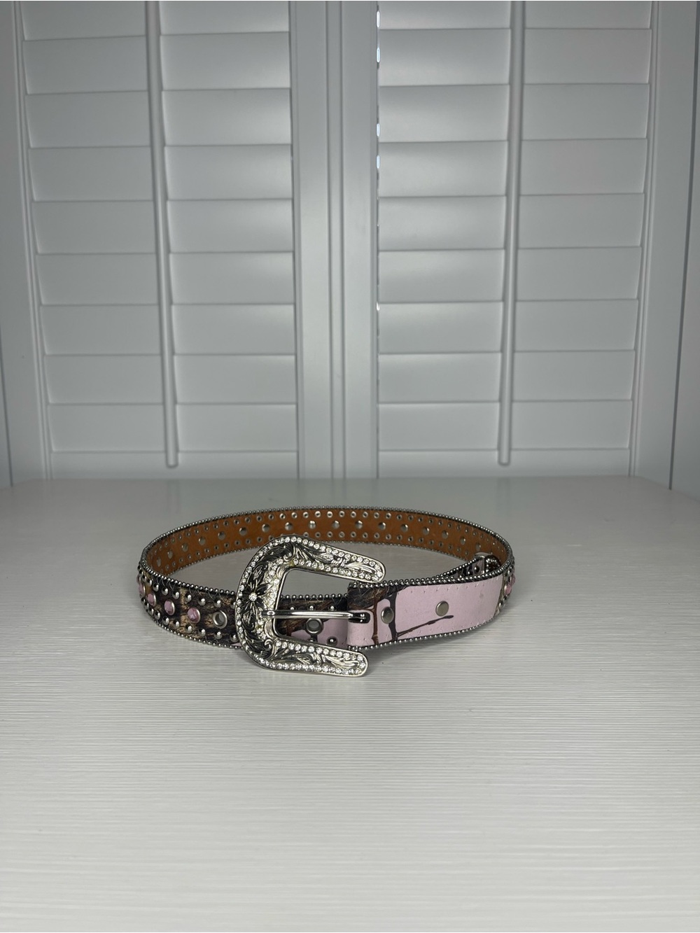 Y2K Nocona Pink Camo Rhinestone Western Belt with Decorative Buckle